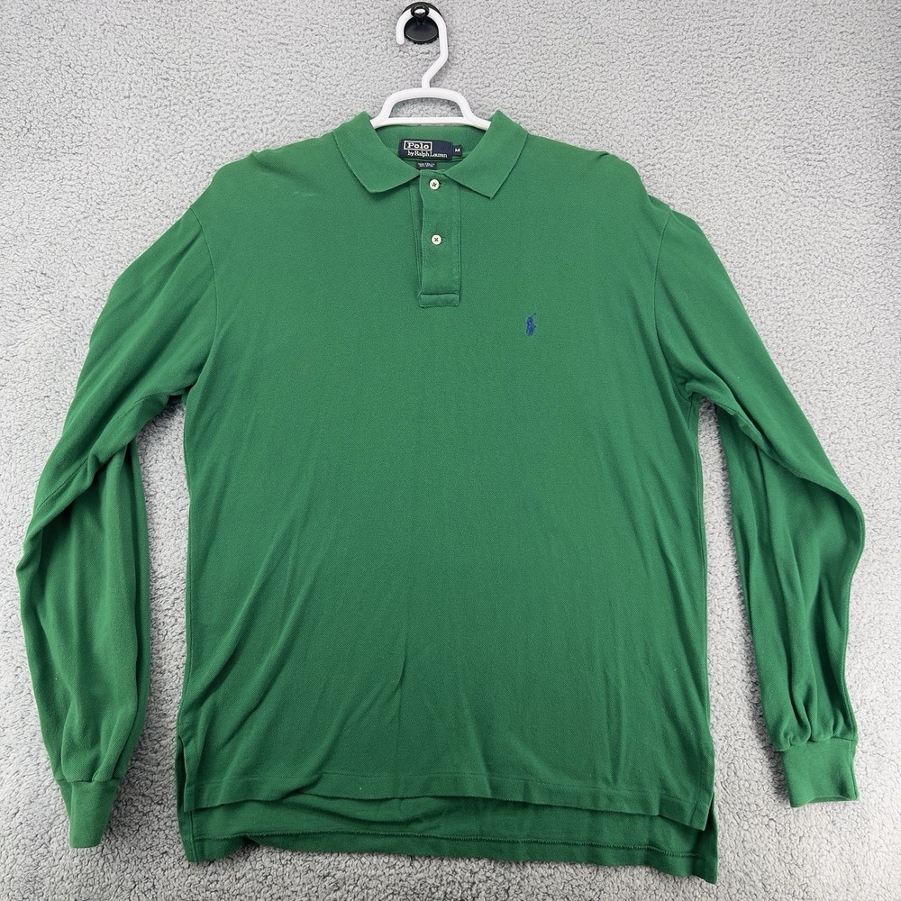 VTG Polo By Ralph Lauren Polo Shirt Mens Medium Green Long Sleeve Cotton 90s Y2K